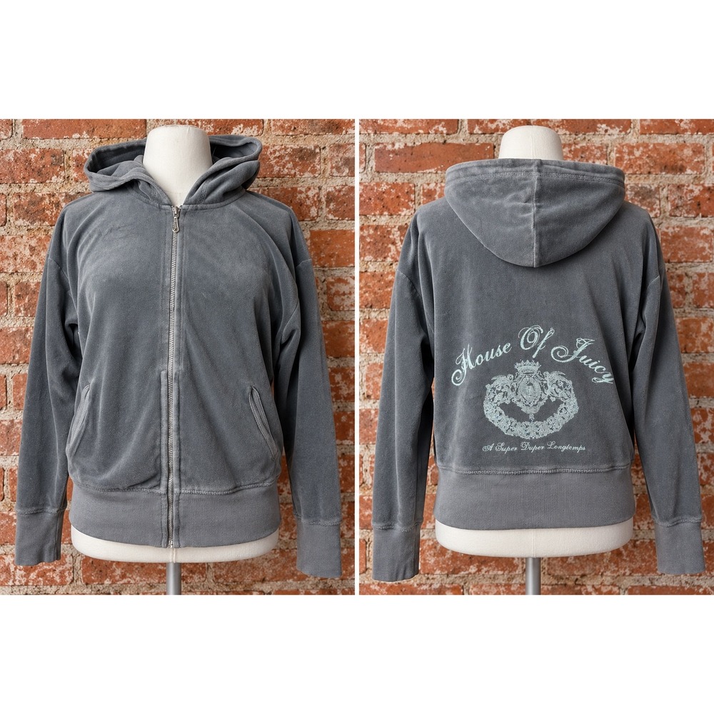 2011 Y2K Juicy Couture Gray Velour Rhinestone Zip Up Hoodie M McBling Coquette